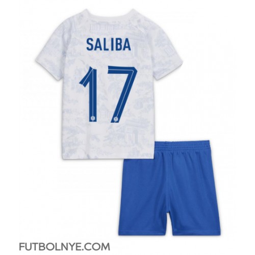 Camiseta Francia William Saliba #17 Visitante Equipación para niños Mundial 2022 manga corta (+ pantalones cortos)
